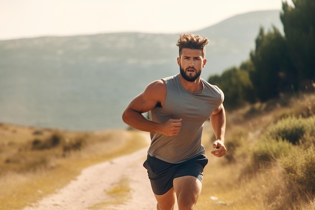 Sport biegania mężczyzna biegacz sprint na świeżym powietrzu w malowniczej przyrodzie dopasowany muskularny mężczyzna sportowiec szlak treningowy