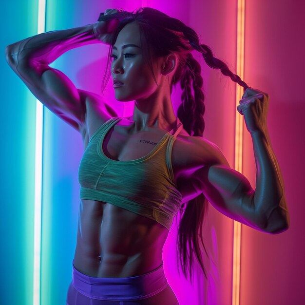 Sportowa azjatycka kulturystka pozuje w kolorowym neonie z muskularnym tułowiem.