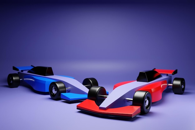 Sportowe niebieskie i czerwone wyścigi samochodowe na fioletowym tle. ilustracja 3d