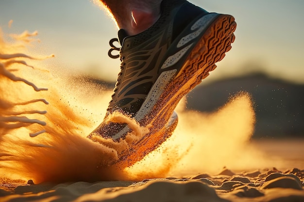 Sportowe trampki na nogach mężczyzny biegającego po piasku na plaży latem o zachodzie słońca Generacyjna sztuczna inteligencja
