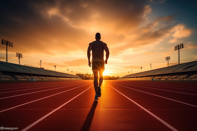 Sportowiec biegacz trening biega na pasie na stadionie rano biegacz mężczyzna w kamizelce