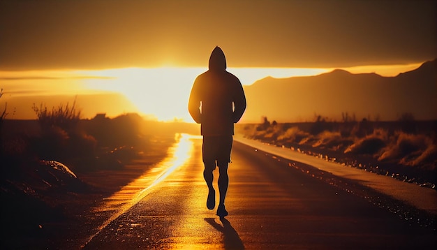 Sportowiec biegnie po asfalcie o wschodzie słońca Generative AI
