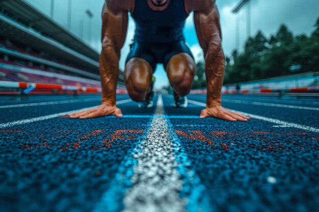 Zdjęcie sportowiec w pozycji startowej na torze