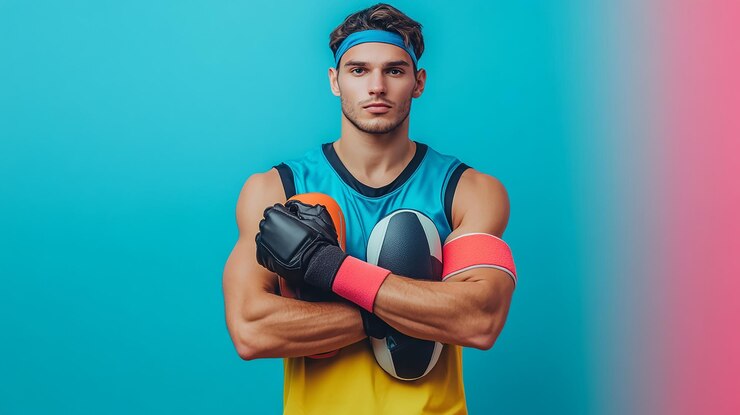 Zdjęcie sportowiec w stroju sportowym z sprzętem sportowym