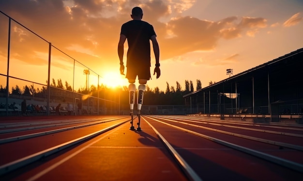 Sportowiec ze sztucznymi nogami na torze sportowym Niepełnosprawny sportowiec na stadionie o zachodzie słońca Niski kąt widzenia Generacyjna sztuczna inteligencja