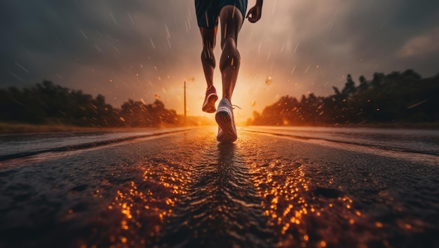 Sportowy biegacz w promieniach porannego słońca rozpalający moc sprawności i zdrowia na drodze do sukcesu Urban energizer Ai generative