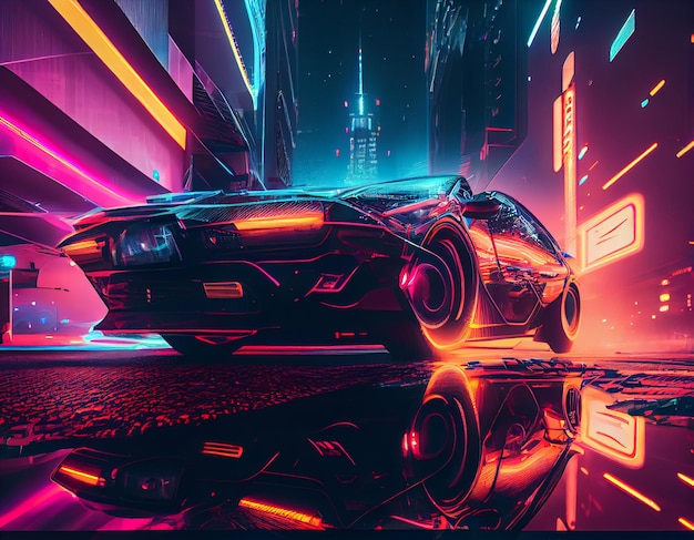 Sportowy cyberpunk futurystyczny samochód na neonowym cyberpunkowym tle Nocny futurystyczny krajobraz miejski tło Wysokiej jakości ilustracja