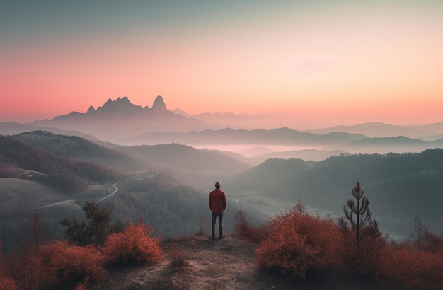 Sportowy człowiek na szczycie góry patrzy na górską dolinę z niskimi chmurami przy kolorowym zachodzie słońca jesienią Krajobraz z podróżnikiem mgłowe wzgórza las jesienią niesamowite niebo w zmierzchu w Alpach