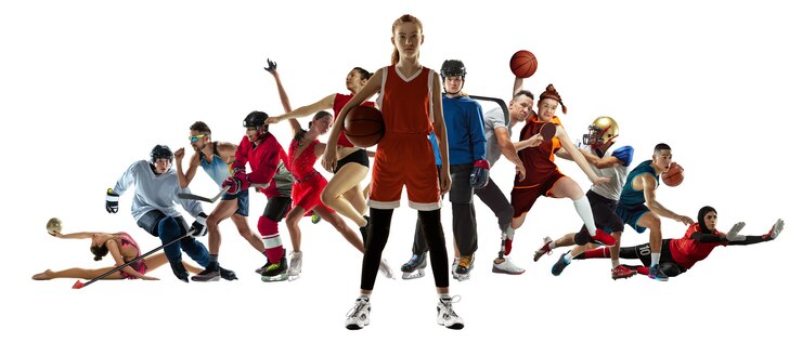 Zdjęcie sportowy kolaż profesjonalnych sportowców lub graczy na białym tle, ulotka