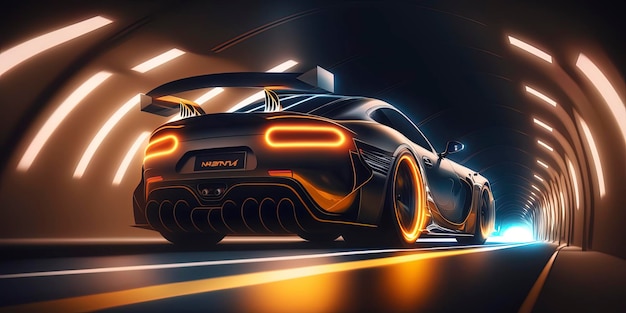 Sportowy samochód wyścigowy z dużą prędkością w oświetlonym tunelu drogowym z neonami