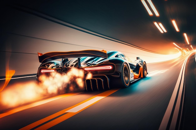 Sportowy samochód wyścigowy z dużą prędkością w oświetlonym tunelu.