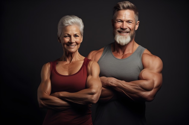 Sportowy starszy muskularny mężczyzna i kobieta w studiu