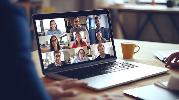 Spotkanie grupy biznesmenów w formie wideokonferencji na monitorze laptopa