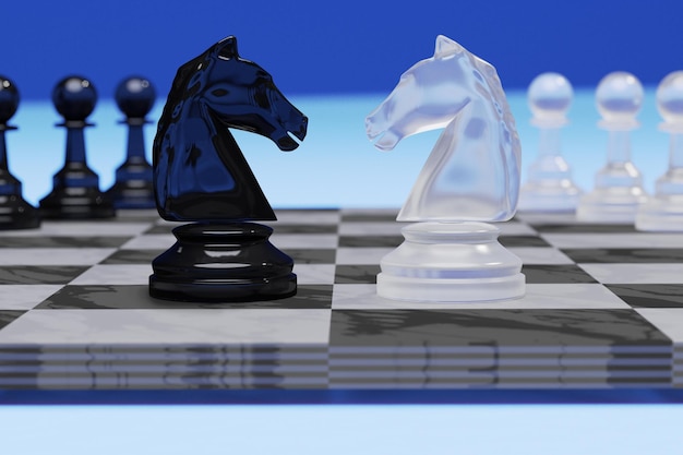 Spotkanie szachowe z białym i czarnym koniem na szachownicy w niebieskim tle. Szachy to gra planszowa o strategii i inteligencji.