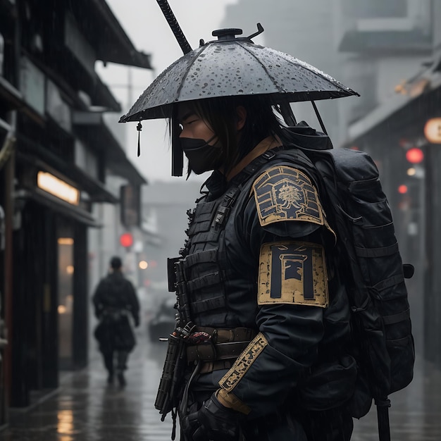 Spotkanie współczesnego żołnierza i samuraja w deszczowej alei miejskiej