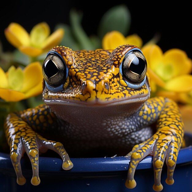 Spotkanie z pomarańczową żabą pośród żółtych kwiatów wygenerowane przez AI