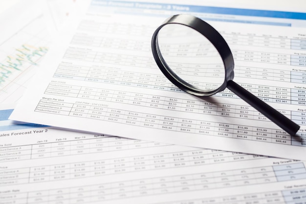 Sprawdzenie raportów finansowych Dokumenty i szkło powiększające