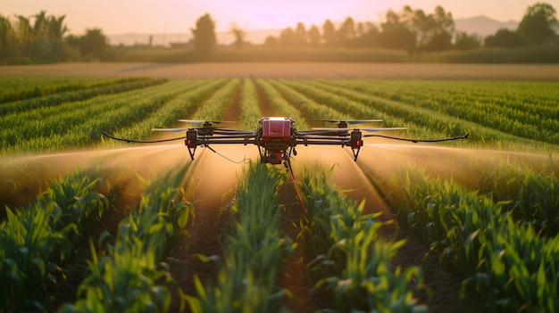 Sprayer rolniczy rozpylający pestycydy na polu pszenicy o zachodzie słońca.