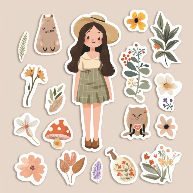 Zdjęcie spring aesthetic sticker set z cute girl generative ai