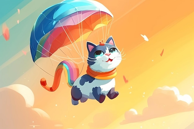 Sprytny kot leci na spadochronie w niebie Postać z kreskówek Ilustracja Generative AI