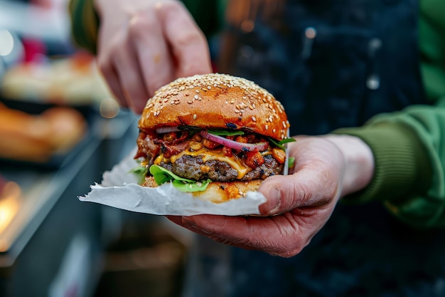 Sprzedawca fast foodów z świeżym cheeseburgerem