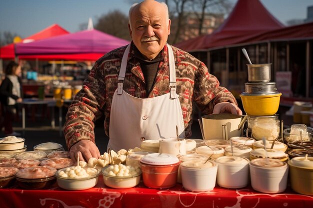 Zdjęcie sprzedawca fondue na lokalnym targach wysokiej jakości zdjęcia fondue