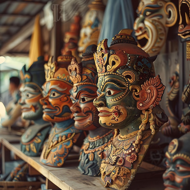 Zdjęcie sprzedawcy tradycyjnych masek wystawiają kolorowe maski na targu tradycyjnym i kulturowym