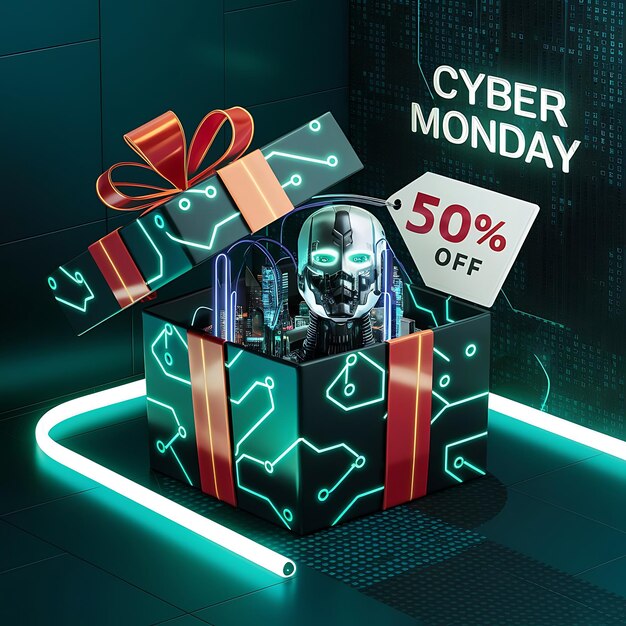 Zdjęcie sprzedaż cyber monday social media post design template z koncepcją pudełka podarunkowego