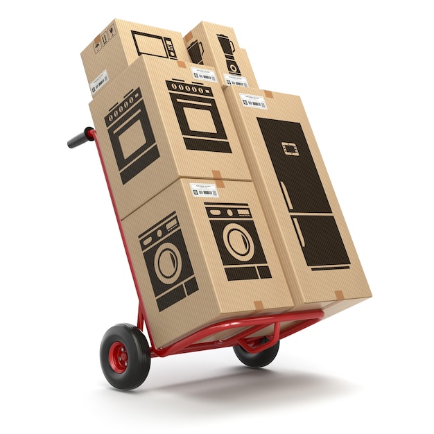 Sprzedaż i dostawa urządzeń domowych kuchennych koncepcja ręczna ciężarówka i pudełka kartonowe z aplikacjami