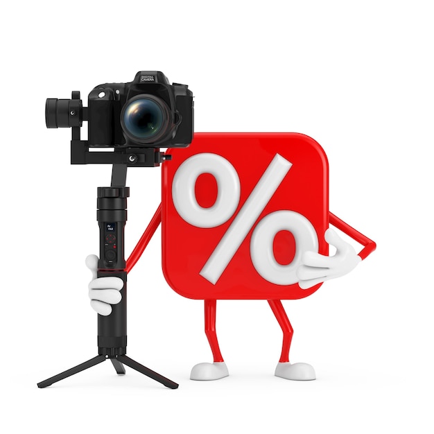 Sprzedaż lub rabat procent znak maskotka postaci osoby z DSLR lub kamery wideo System stabilizacji gimbala na białym tle renderowania 3d