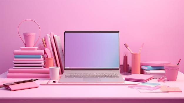 Zdjęcie sprzęt szkolny i komputer na biurku w kolorze różowym nauka online