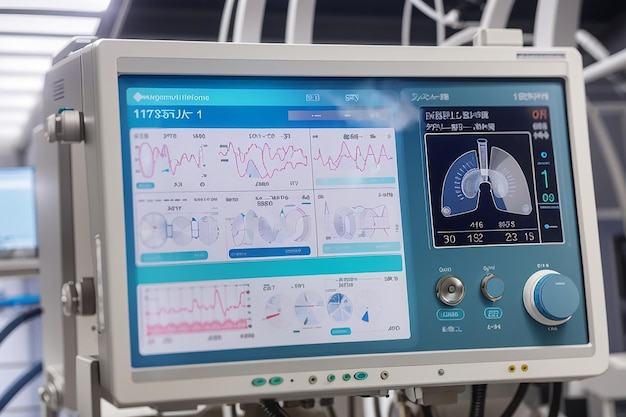 Sprzęt wentylacyjny mechaniczny wyświetla nad sprzętem zapalenie płuc diagnozujące wentylację płuc tlenem identyfikację pandemii covid-19 i koronawirusa