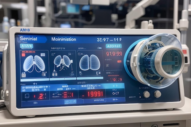 Sprzęt wentylacyjny mechaniczny wyświetla nad sprzętem zapalenie płuc diagnozujące wentylację płuc tlenem identyfikację pandemii covid-19 i koronawirusa