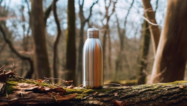 Srebrna butelka wody stoi na pniu drzewa w lesie