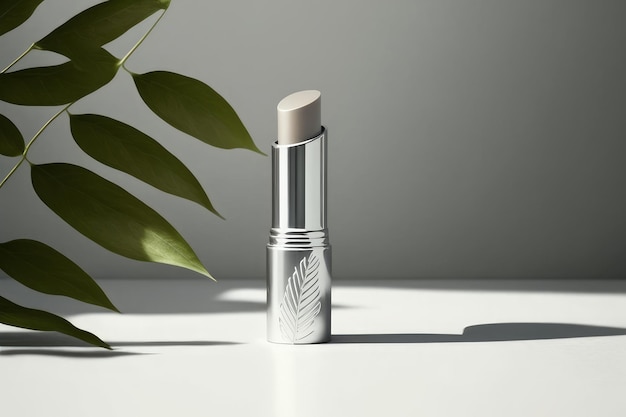 srebrna kosmetyczna szminka w tubie z liściem z boku na jasnym tle Generative AI