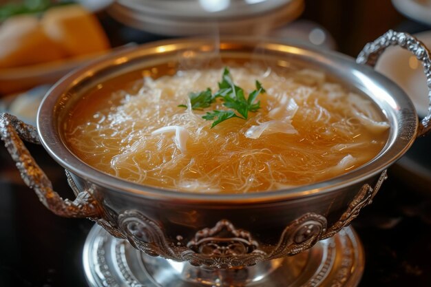 Zdjęcie srebrna miska pełna zupy siedzi na stole pokazując ciepły i przyjemny posiłek srebrna miskę pełną zupy z gniazda ptaków