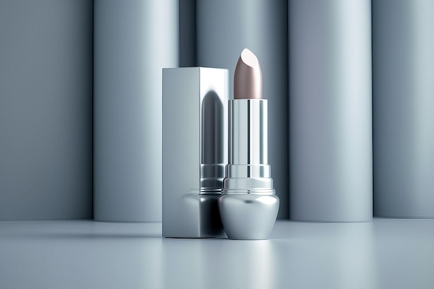 srebrna tubka kosmetyczna szminka jasny pastelowy kolor światła i cienie tła Generacyjna sztuczna inteligencja