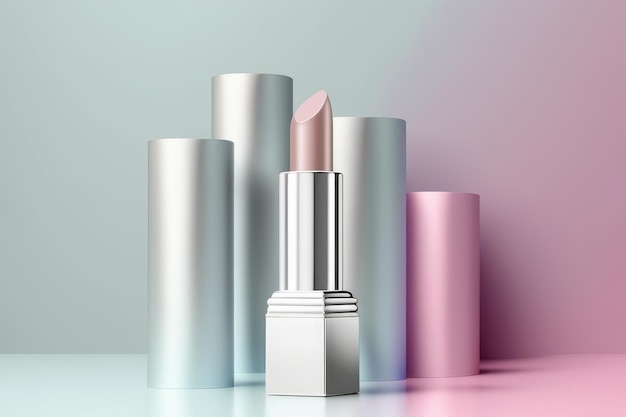 srebrna tubka kosmetyczna szminka jasny pastelowy kolor światła i cienie tła Generacyjna sztuczna inteligencja