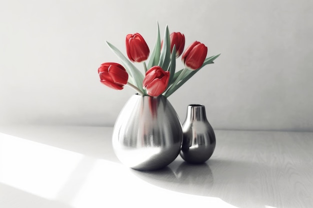 Srebrna waza z czerwonymi tulipanami obok małej wazy.