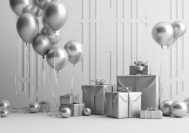 Srebrne pudełka na prezenty i balony w białym pokoju