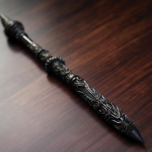 Zdjęcie srebrno-czarny długopis z drewnianą rączką na stole.