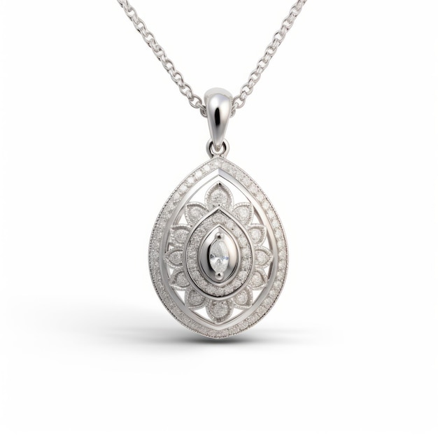 srebrno-diamentowy wisiorek to oszałamiająca biżuteria ze skomplikowanymi motywami indyjskimi. jego fotorealistyczny rendering ukazuje szczegółowy projekt, a delikatna mgła i urzekające oświetlenie dodają