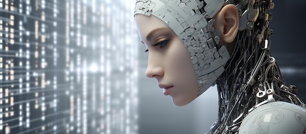 Srebrny kobiecy robot sztucznej inteligencji z obwodem elektrycznym w technologii cyfrowej