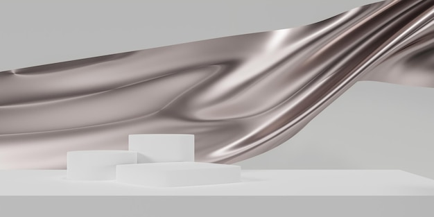 Srebrny kolor podium na srebrnej tkaninie latającej fali Luksusowe tło dla brandingu i prezentacji produktu ilustracja renderowania 3d