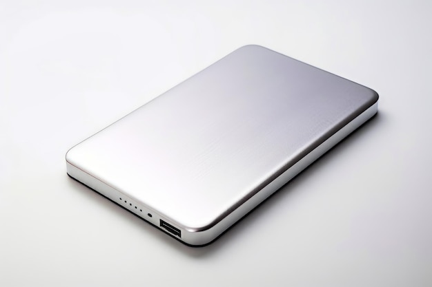 Srebrny laptop na białym stole Generatywna sztuczna inteligencja