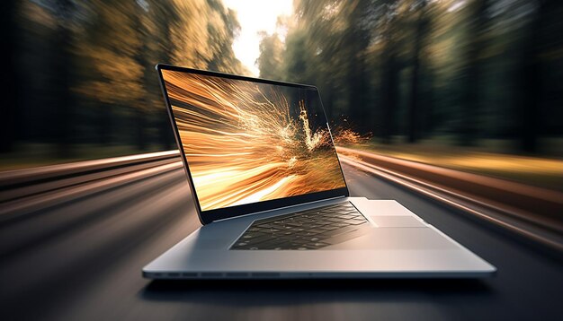 Zdjęcie srebrny laptop z długim czasem otwarcia migawki, impresjonizm, wysoka rozdzielczość 8k
