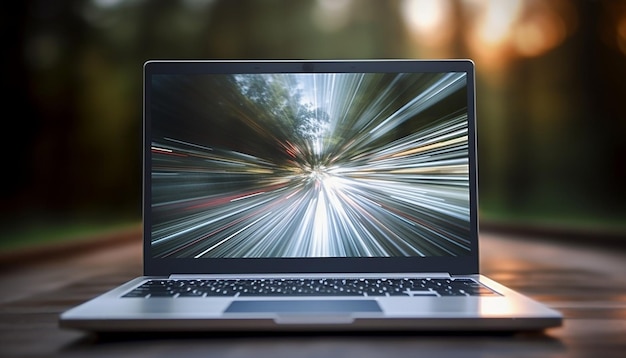 Zdjęcie srebrny laptop z długim czasem otwarcia migawki, impresjonizm, wysoka rozdzielczość 8k