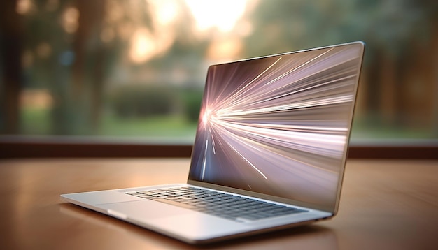 Srebrny laptop z długim czasem otwarcia migawki, impresjonizm, wysoka rozdzielczość 8K