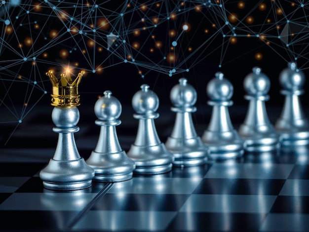Zdjęcie srebrny pionek szachowy nosi złotą koronę do przywództwa na szachownicy z siecią i komunikacją