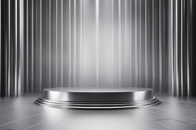 Zdjęcie srebrny pokój 3d z realistycznym podium w kształcie srebrnego cylindra autorstwa generative ai